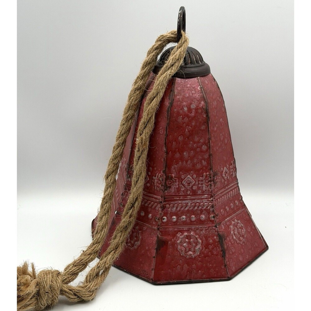 Oversized Red Metal Christmas Bell Rope 12" Jumbo Extra Large Rustic Hanging